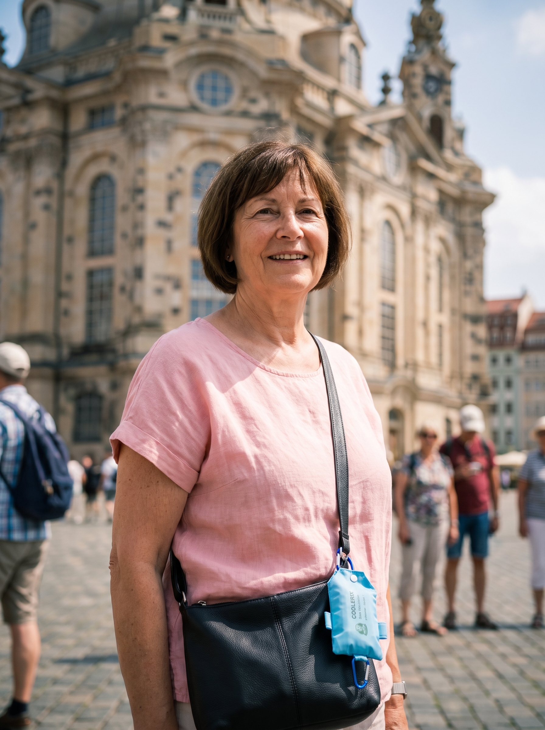 COOLERIX-Beutel mit Karabiner an der Umhängetasche einer Reisenden in einer historischen Altstadt
