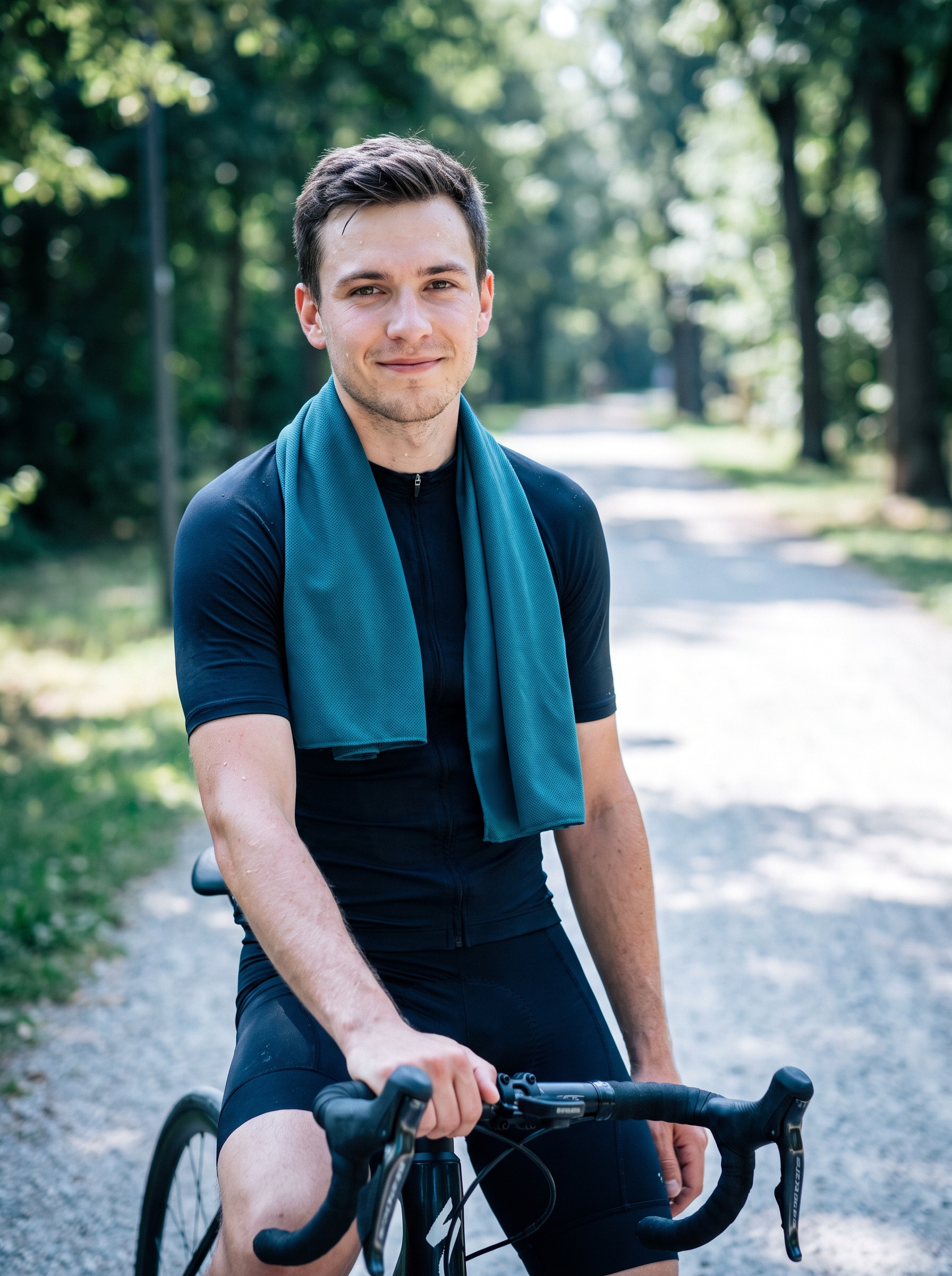 Radfahrer mit COOLERIX-Kühltuch um die Schultern auf einer Landstraße