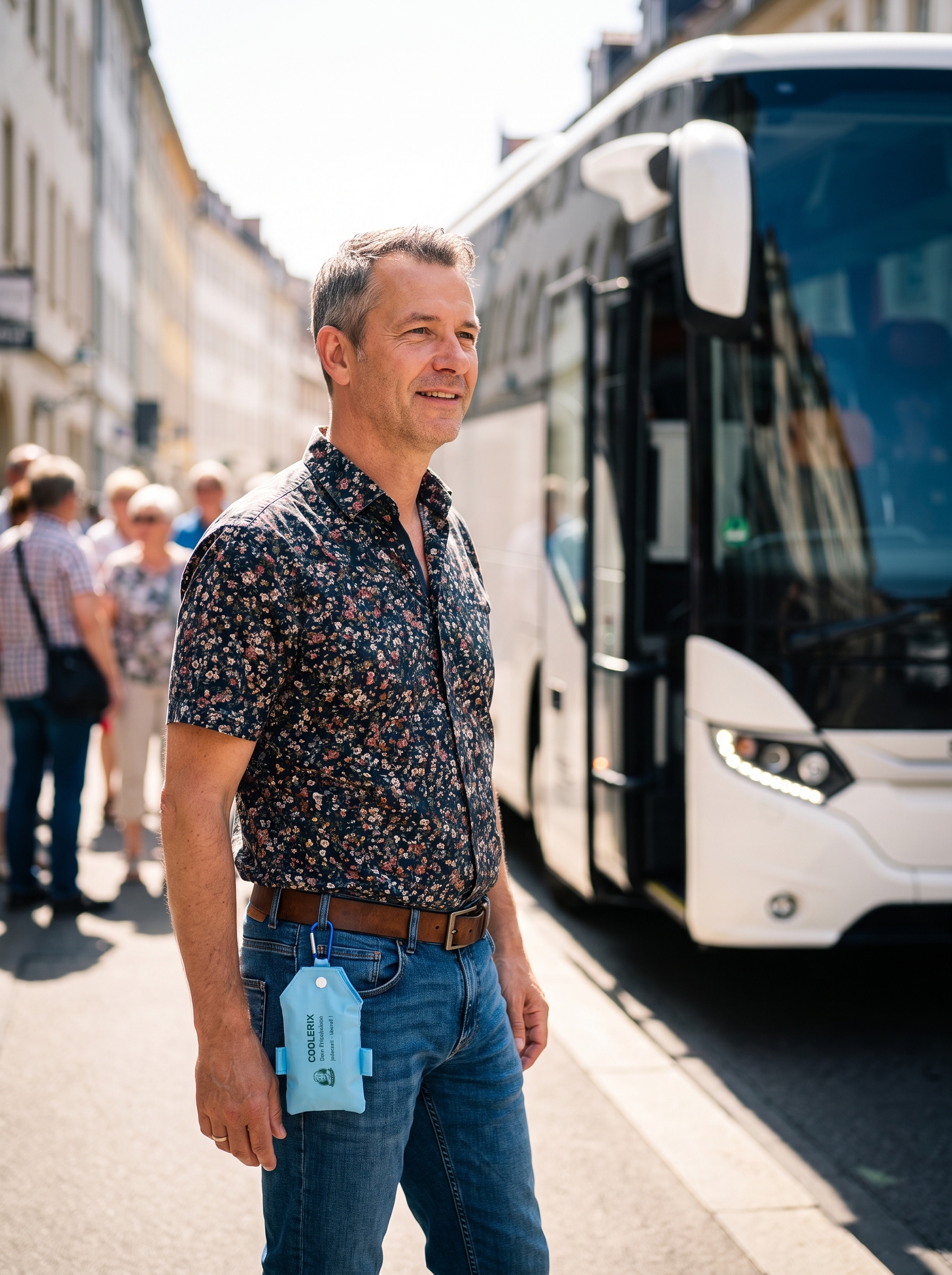 COOLERIX-Beutel am Gürtel eines Mannes vor einem Reisebus