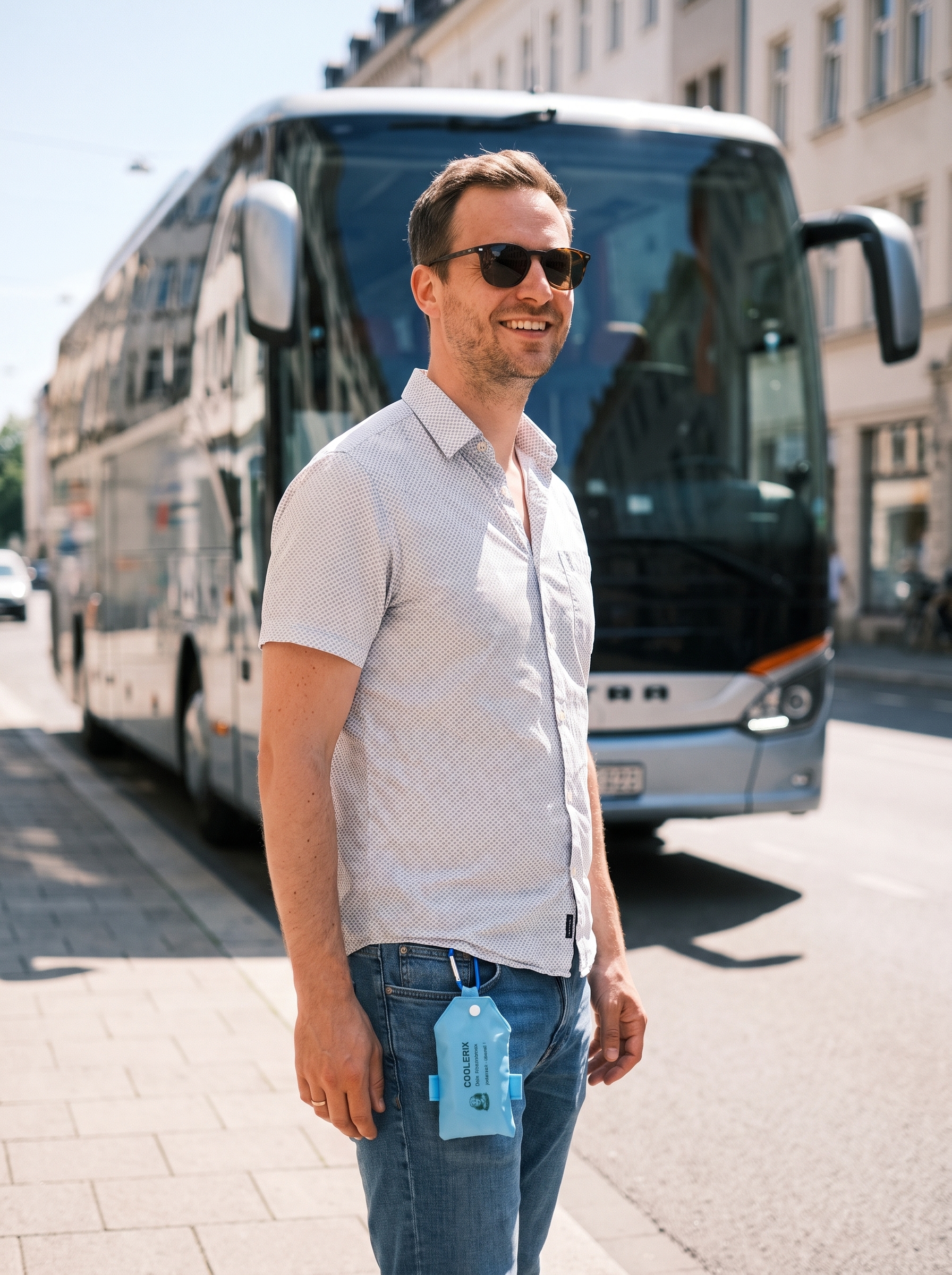 Mann drückt ein COOLERIX-Kühltuch an den Hals an einem sonnigen Sommertag