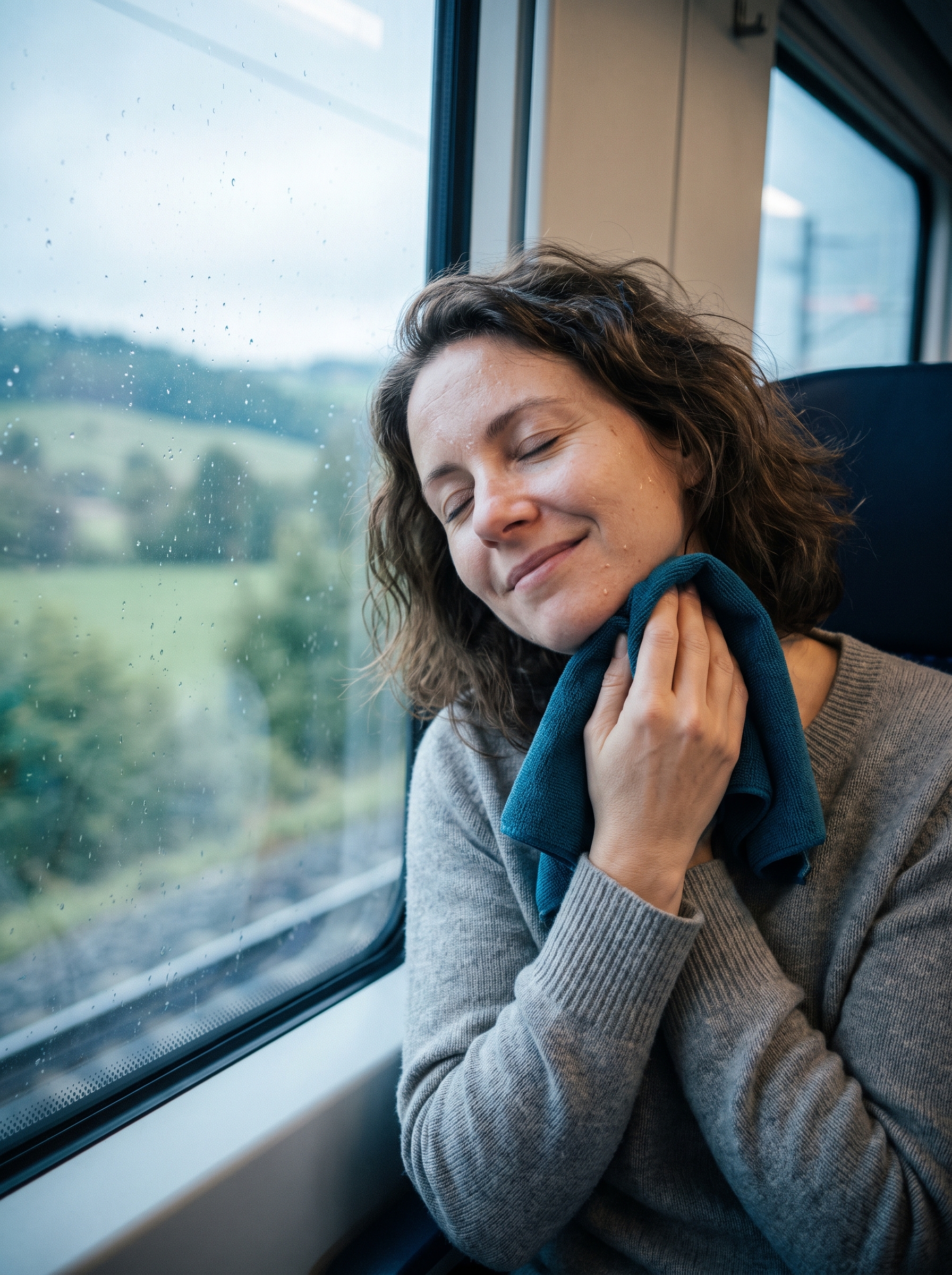 Frau mit COOLERIX-Kühltuch an der Halsschlagader während einer Zugreise
