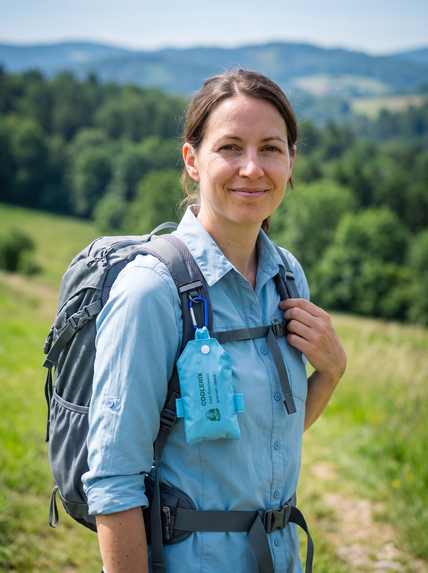 Wanderin mit COOLERIX-Beutel am Rucksackgurt auf einem Wanderweg in den Hügeln
