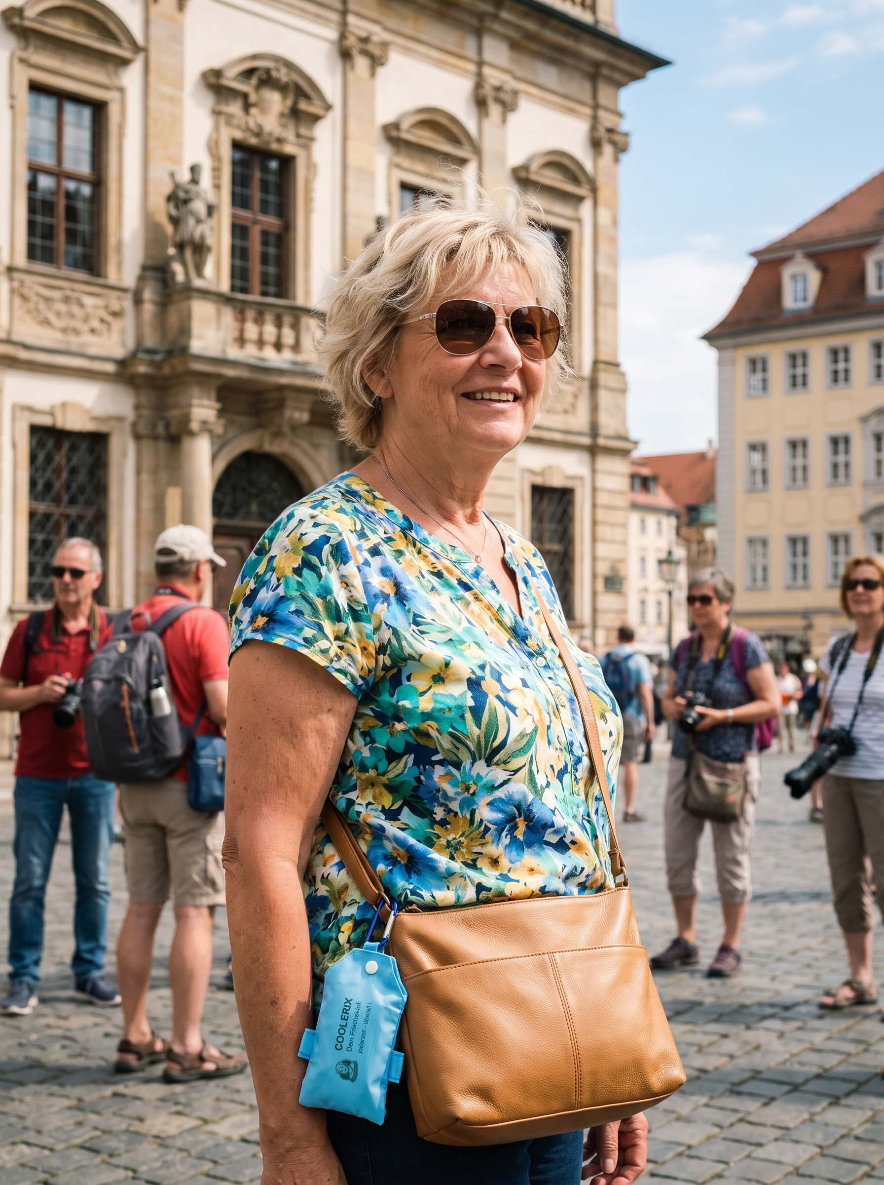 COOLERIX-Beutel an der Umhängetasche einer Frau auf einem Stadtbummel